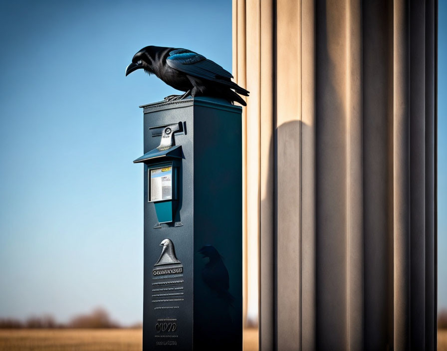 Crow perched on parking meter with shadow on concrete pillar under clear blue sky