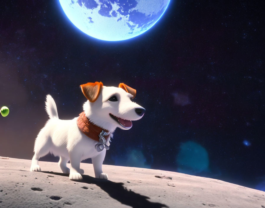 Animated dog on moon with Earth backdrop and floating tennis ball