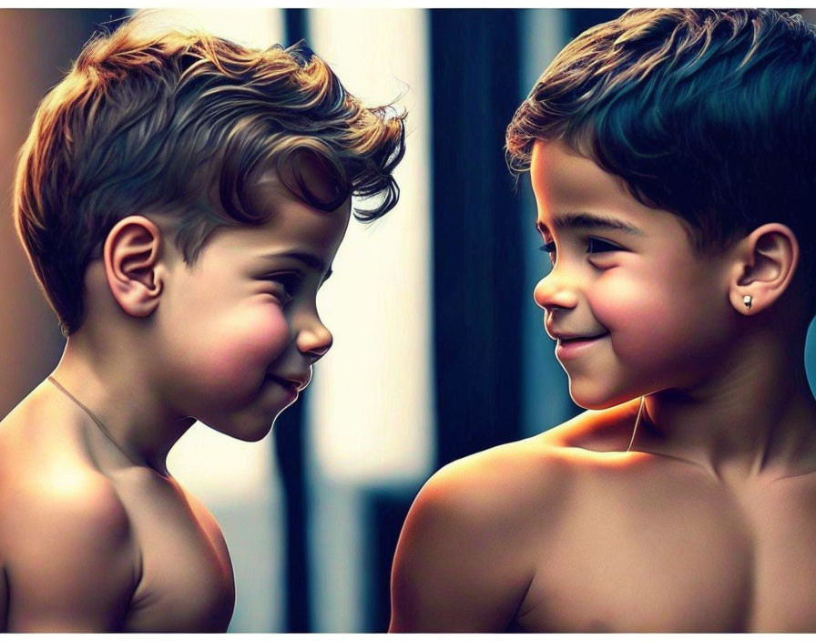 Children with warm gaze, one with curly hair and one with earring and short hair