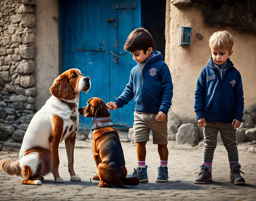 Young children with dog and puppy on cobblestone street near old blue door