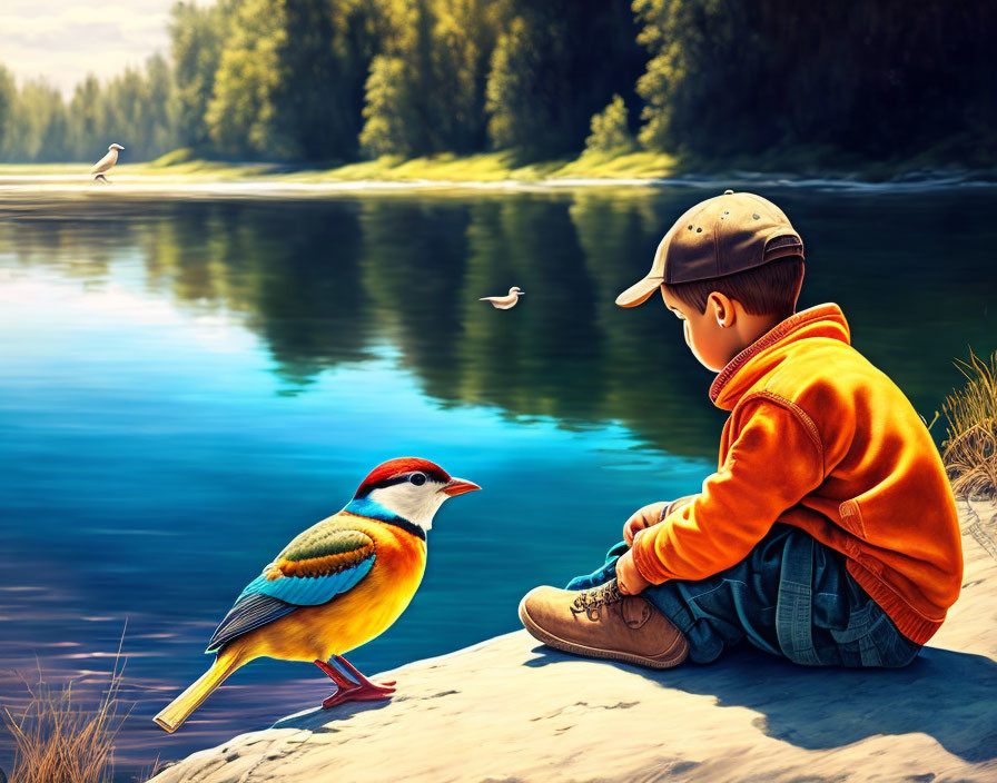 Child in Orange Hoodie by Serene Lake with Colorful Bird