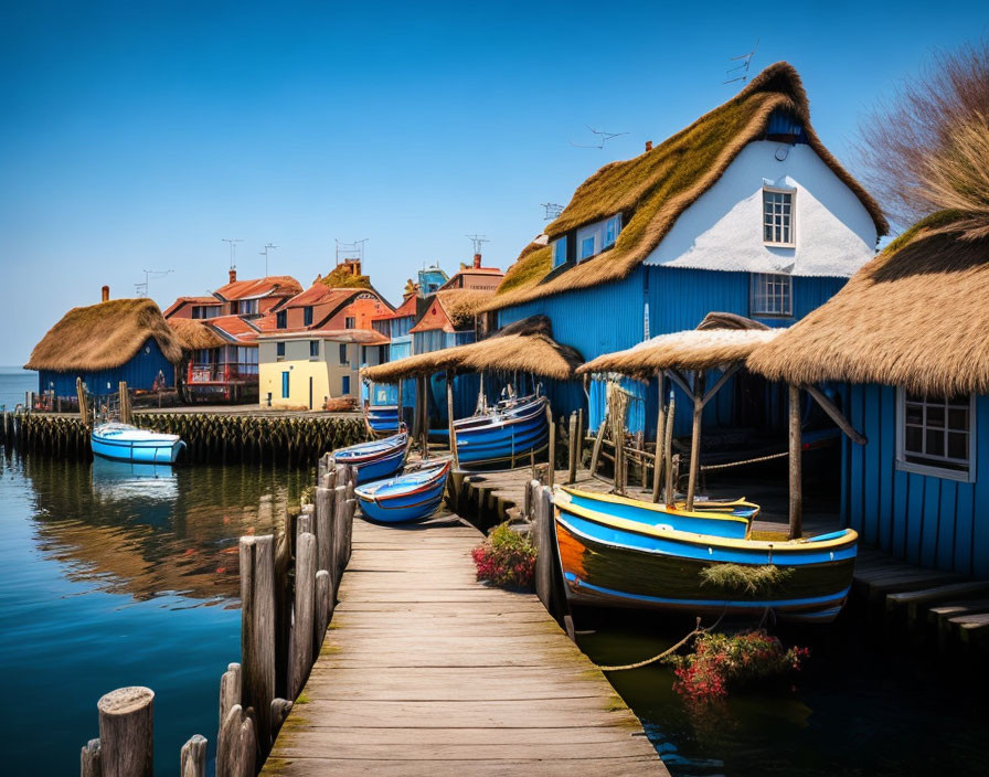 Serene Dock with Thatched-Roof Cottages and Colorful Boats