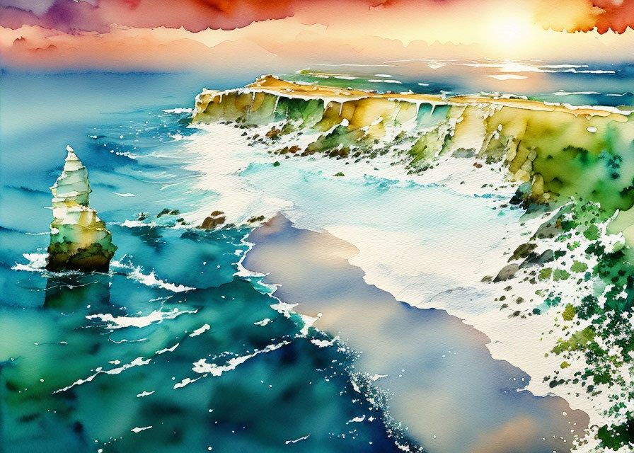 Sunlit Coastline Watercolor: Cliffs, Lighthouse, Ocean