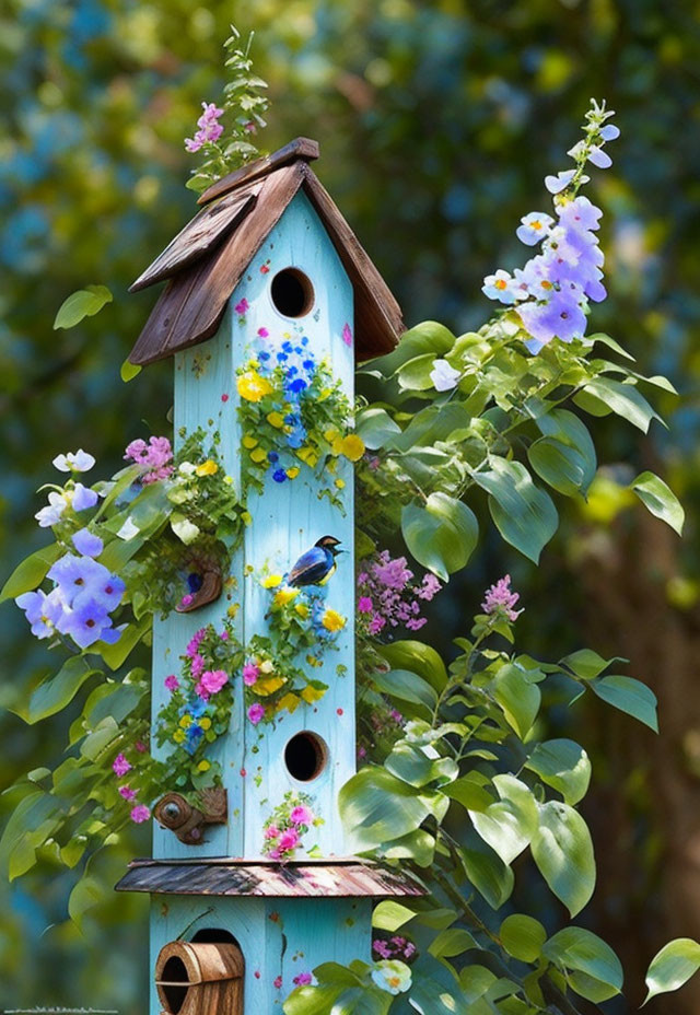 Colorful Birdhouse with Flowers, Foliage, and Bird on Green Background