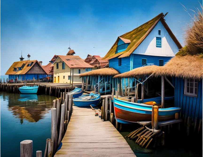 Vibrant Wooden Houses on Stilts by Dock with Boats