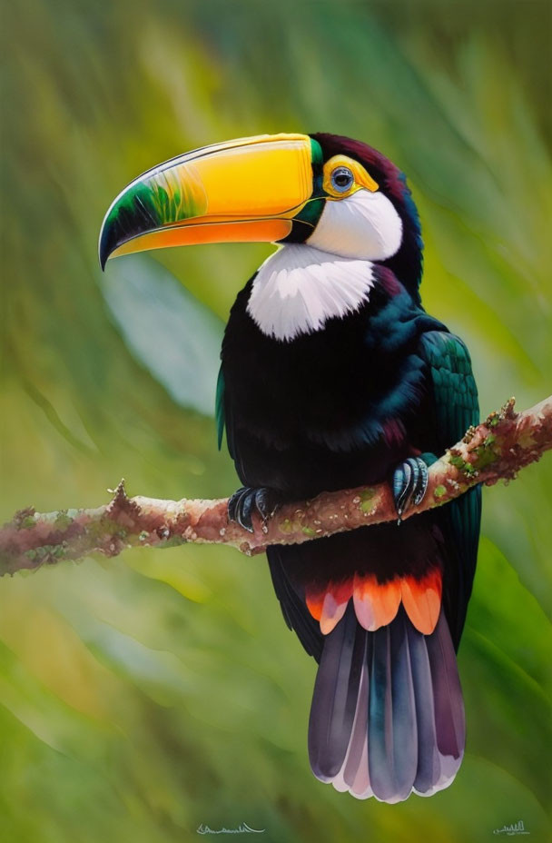 Colorful toucan with vibrant plumage perched on branch in green setting