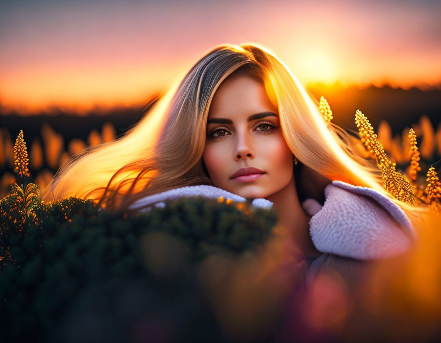 Blonde Woman Surrounded by Flowers at Sunset