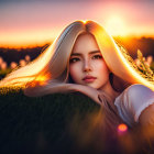 Blonde Woman Surrounded by Flowers at Sunset