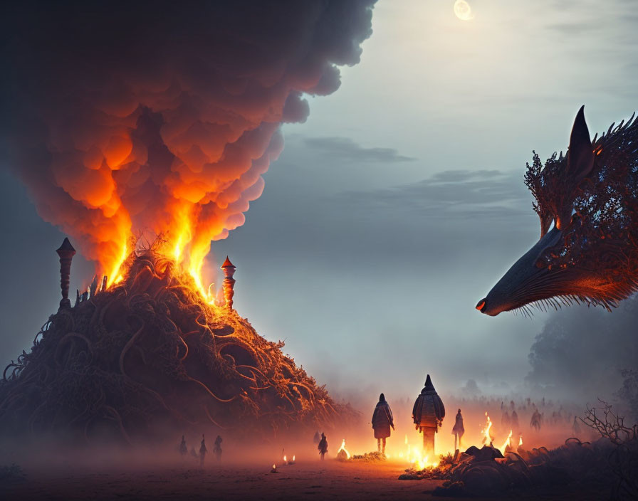 Fantasy dragon scene with burning castle and moonlit sky