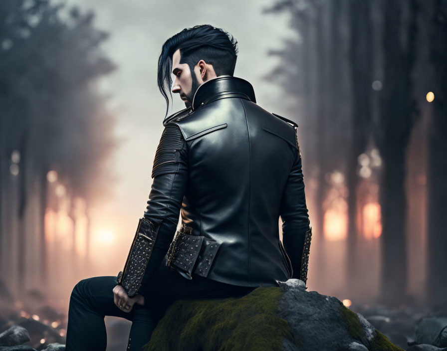 Stylish person with punk haircut in misty forest setting