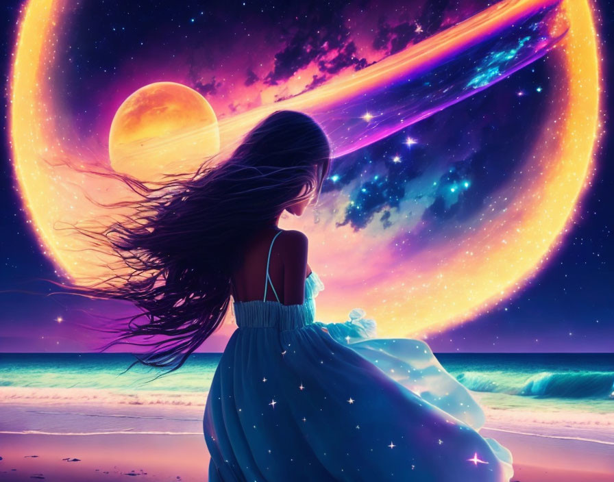 Woman in flowing dress under vibrant cosmic sky with moon and nebula over serene beach