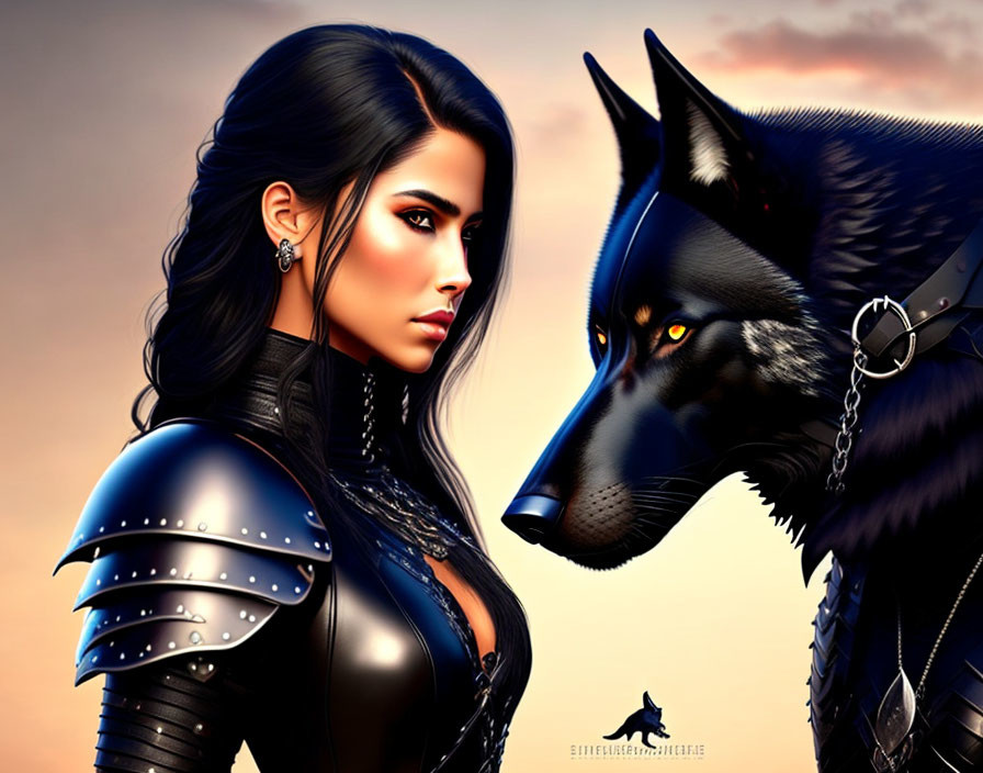 Digital art: Woman in armor with black wolf, both gazing sideways