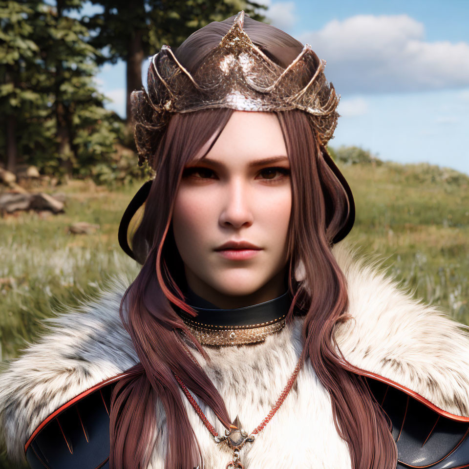 Female character with crown and fur cloak in 3D portrait