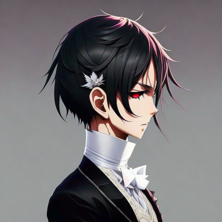 Male anime character with black hair, white streak, bow tie, black suit, red eye.