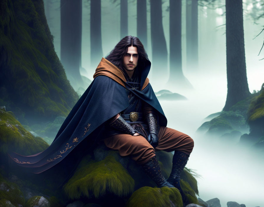 Medieval figure in cloak and sword in foggy forest sitting on rock