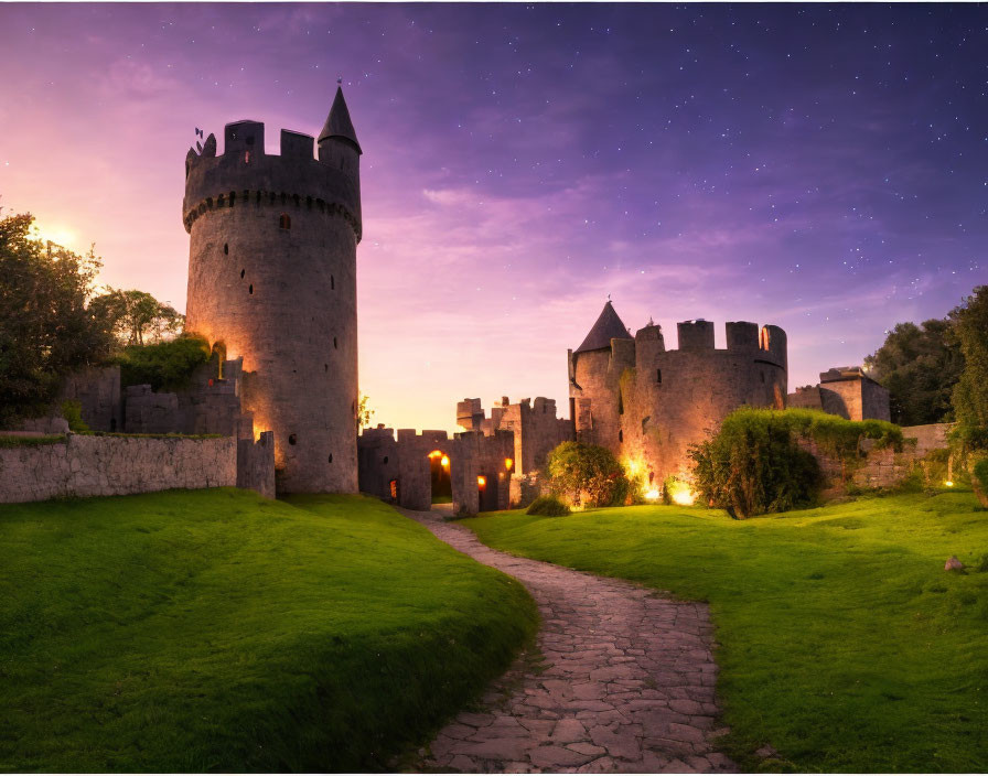 Medieval castle with round tower at dusk under starry sky and illuminated walls.