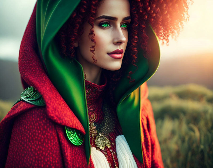 Portrait of woman in red hooded cloak with vibrant green eyes and golden embroidery on soft-focus background