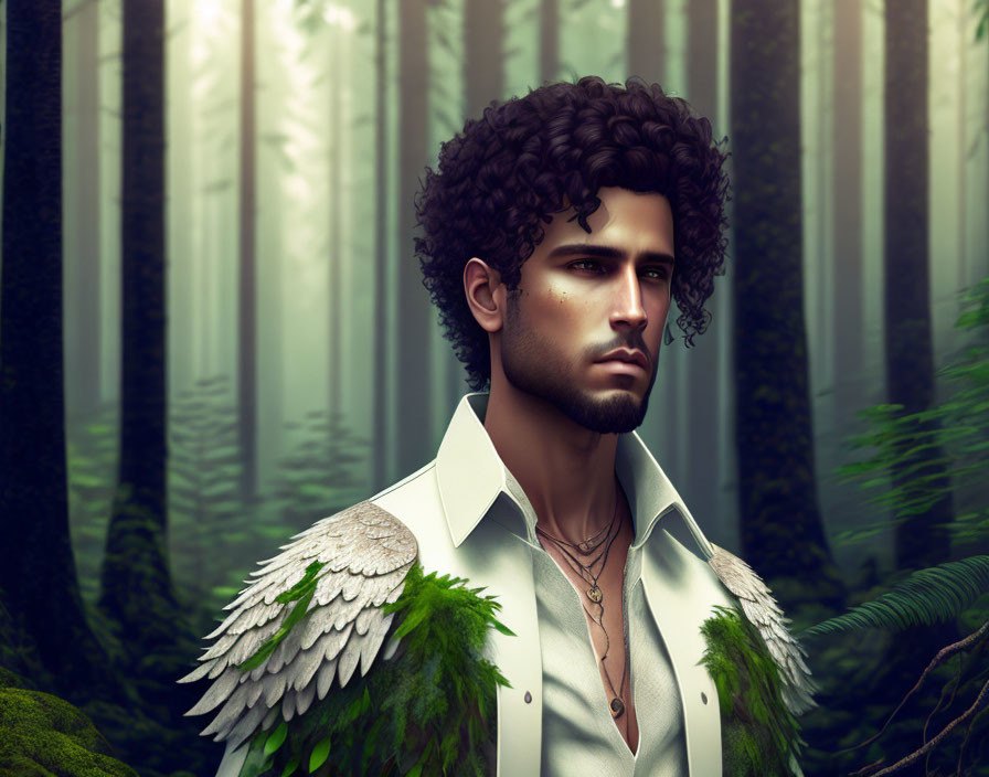 Curly-haired man in white shirt with forest backdrop