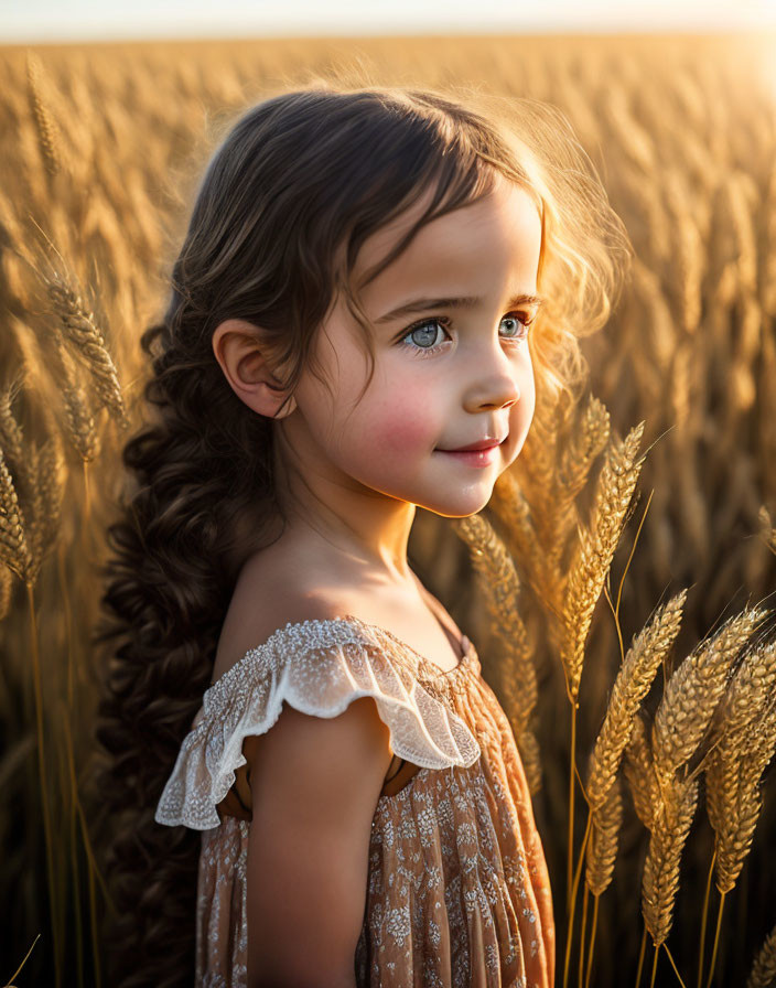 Young girl in golden wheat field at sunset with curly hair and thoughtful expression