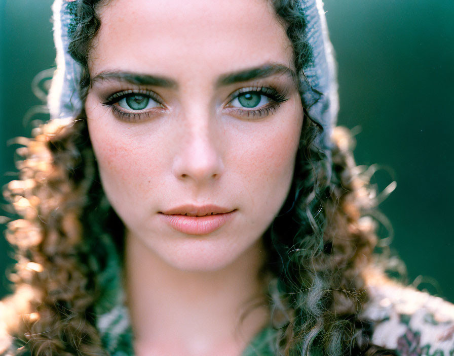 Curly-haired woman in headscarf and patterned garment portrait.