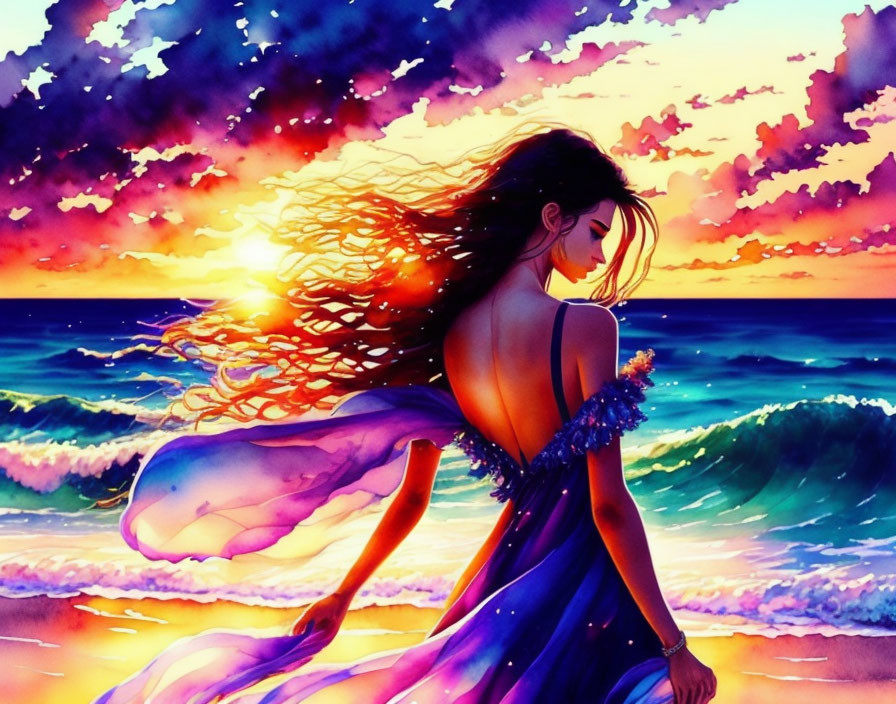 Animated figure by the sea at sunset with flowing hair and dress in vibrant colors