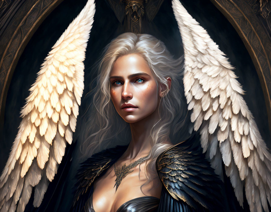 Platinum blonde angel with white wings in gothic setting