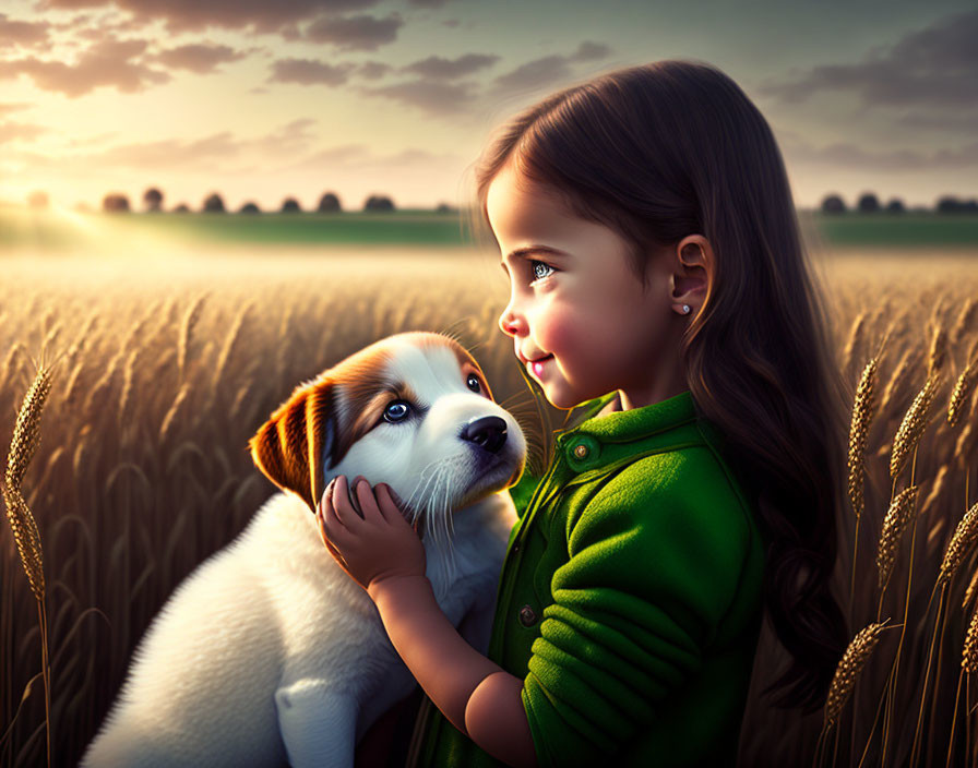 Young girl in green jacket gazes at white and brown puppy in golden wheat field at dusk