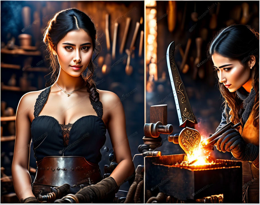 Braided-hair woman forging blade in fiery blacksmith scene