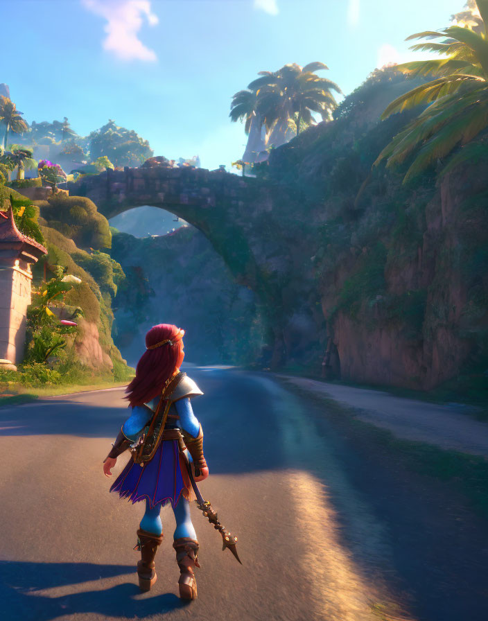 Red-Haired Character in Blue Armor Crossing Stone Bridge in Tropical Setting