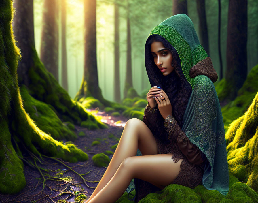 Woman in Green Hooded Cloak Contemplating in Mossy Forest