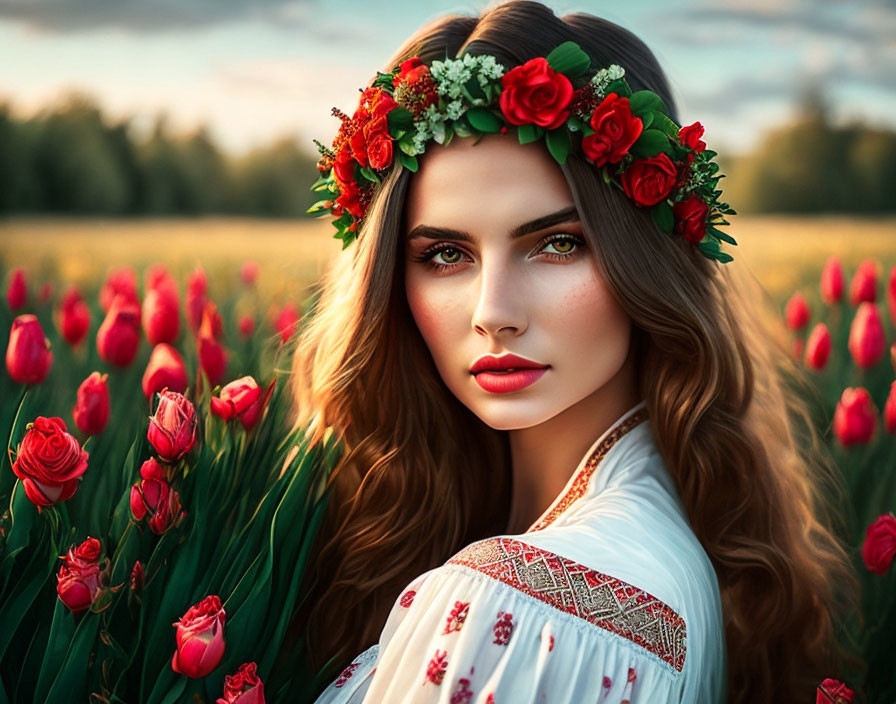 Woman in floral wreath among red tulips at sunset