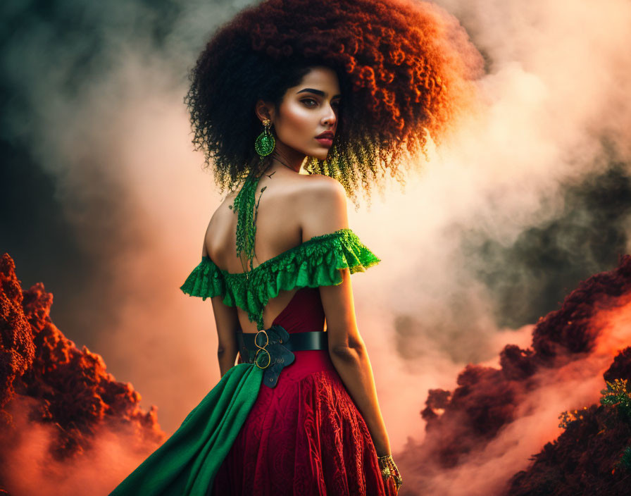 Voluminous curly hair woman in red and green dress with green earrings