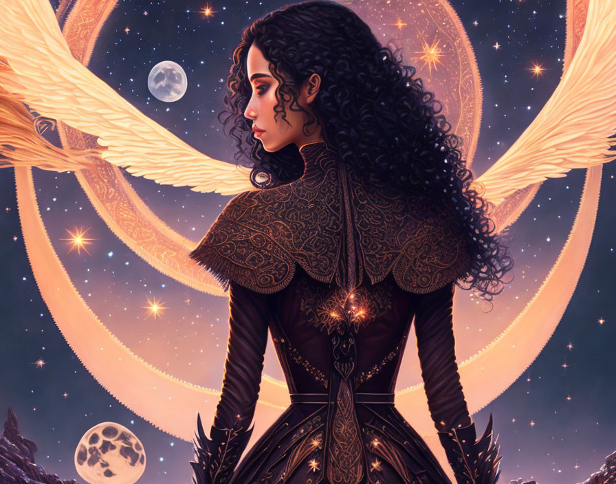 Digital artwork of woman in ornate armor with curly hair in cosmic setting