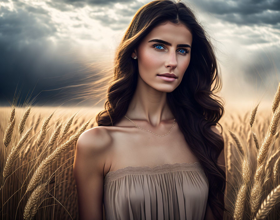 Woman with Blue Eyes and Brown Hair in Wheat Field under Cloudy Sky