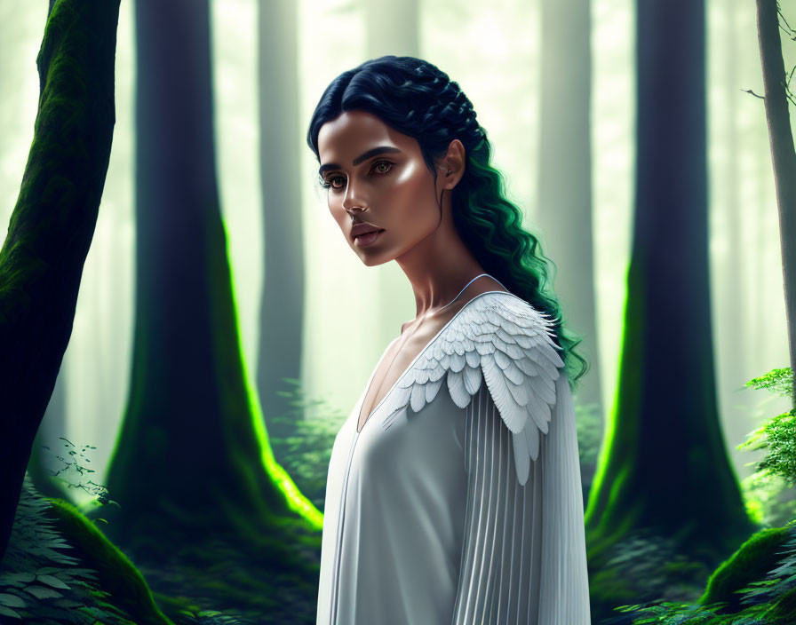 Angel-winged woman with green hair in sunlit forest