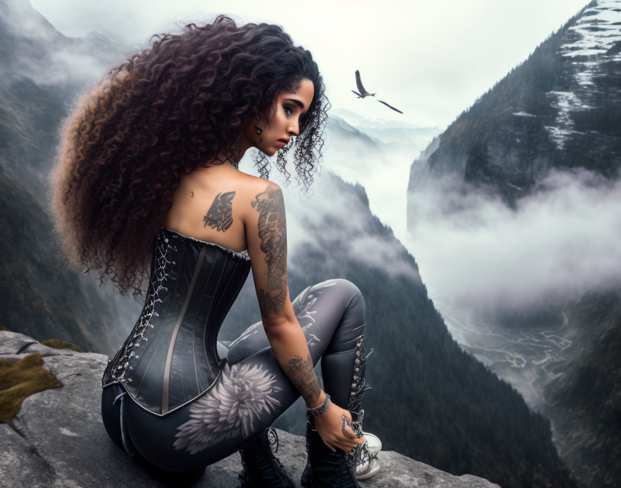 Curly-Haired Woman in Corset and Pants on Mountain Edge with Bird Flying