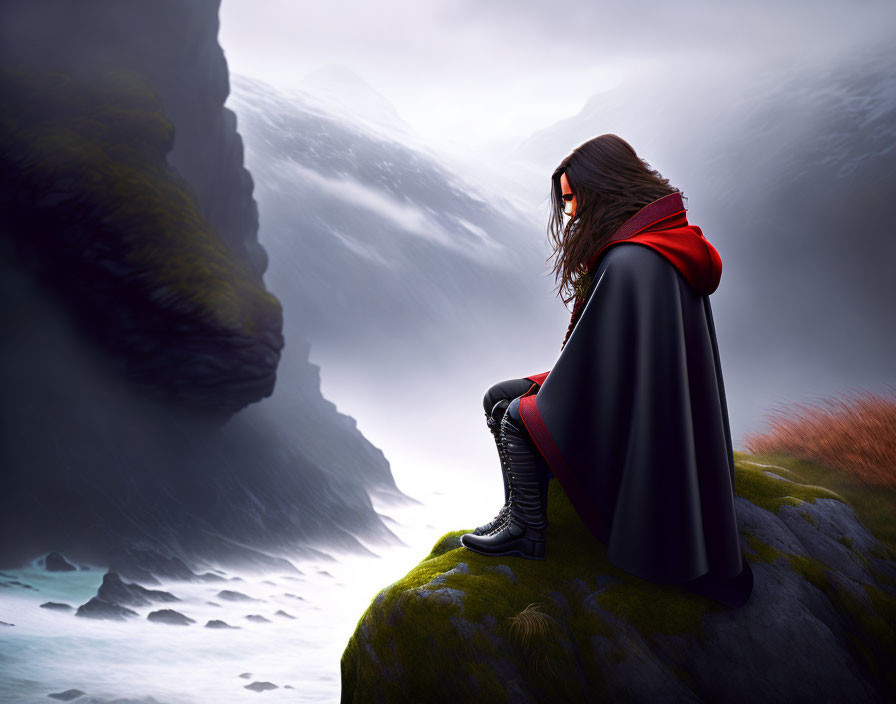 Person in black outfit with red cape gazes at misty mountain landscape