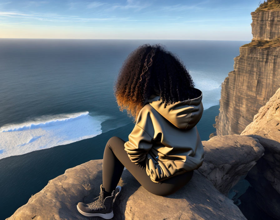 Curly-Haired Person Contemplates Ocean View at Cliff Edge