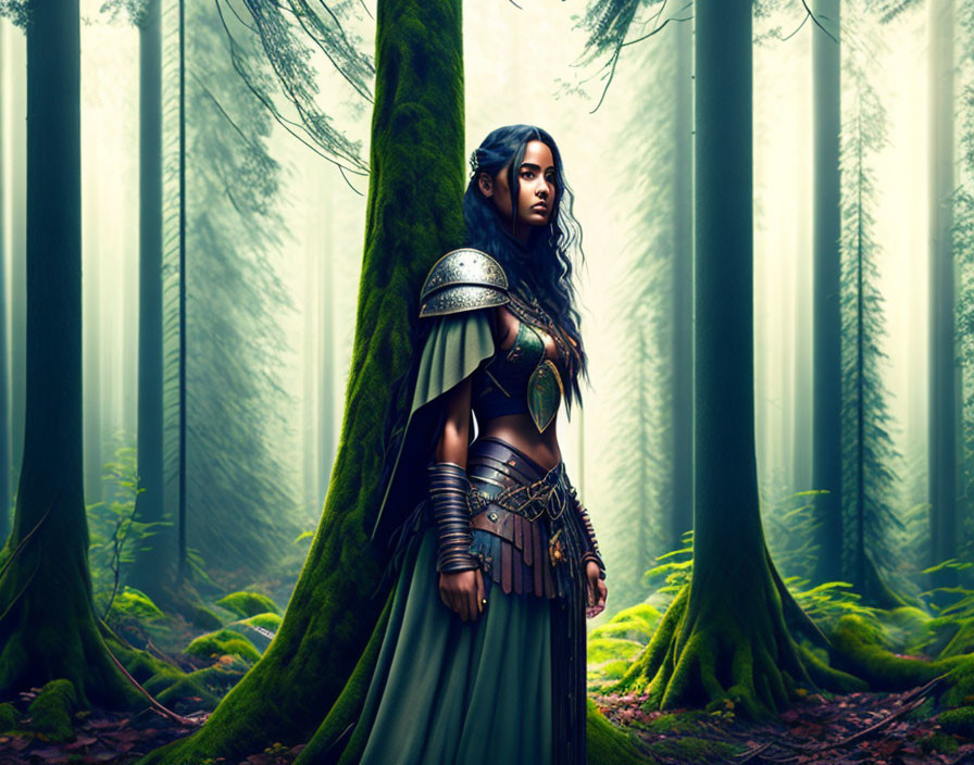 Warrior woman in armor in ethereal forest with fog.