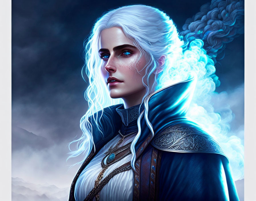 Fantasy female character with white hair and blue cloak in misty setting