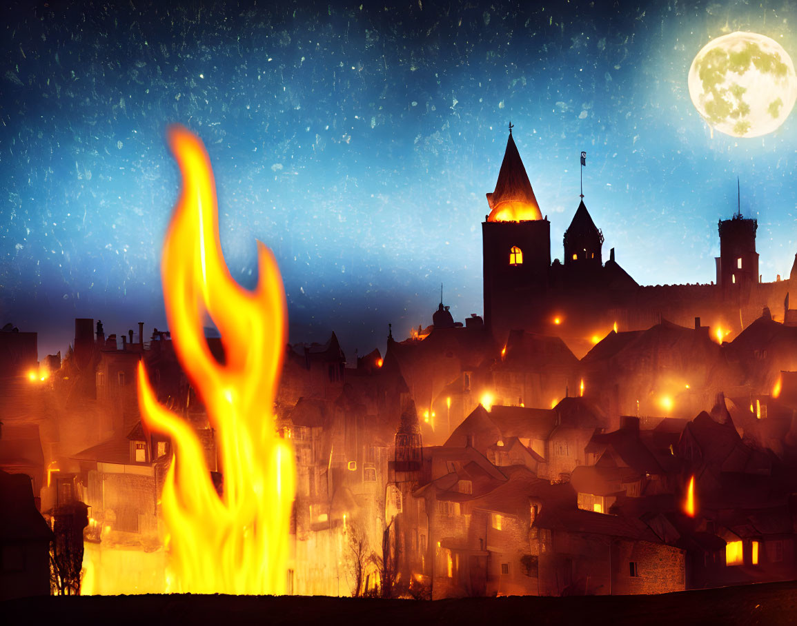 Medieval castle silhouette with large fire at night