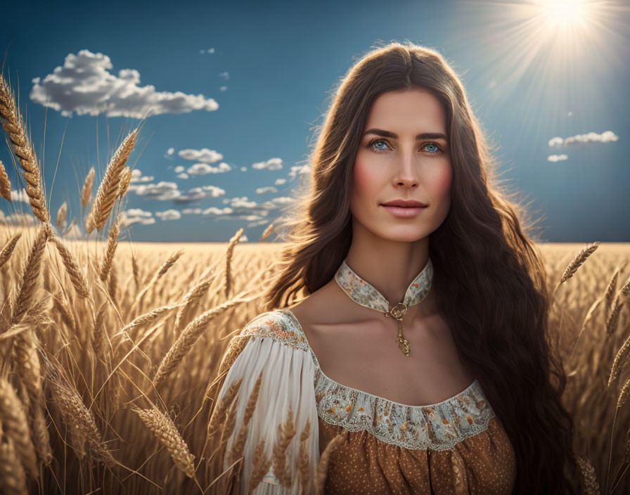 Woman with long dark hair in golden wheat field under sun rays and fluffy clouds.