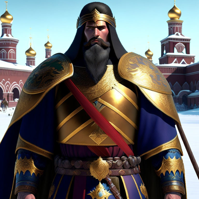 Regal figure with beard in blue and gold robe by Russian buildings