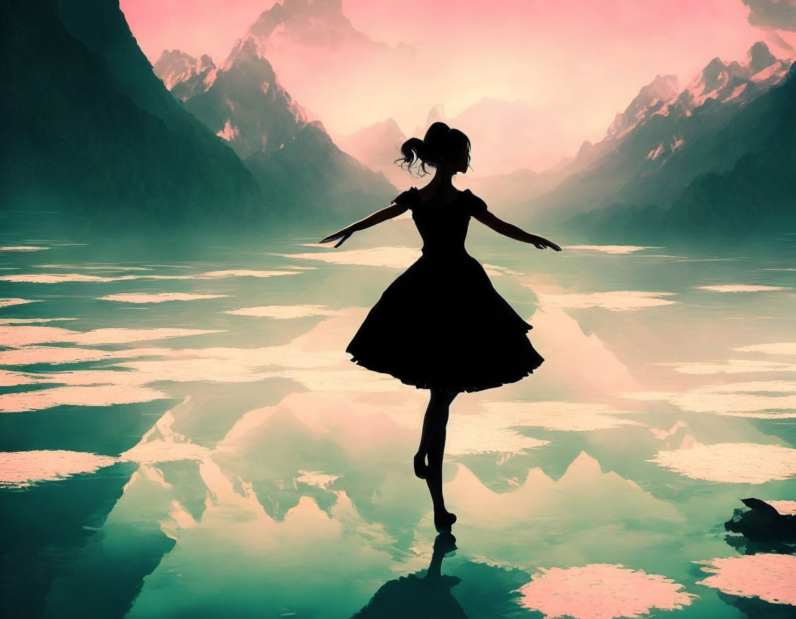 Silhouette of ballerina dancing on reflective surface with pink mountains backdrop