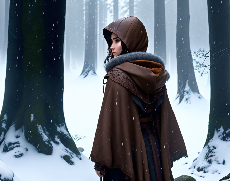 Person in Brown Cloak Stands in Snowy Forest