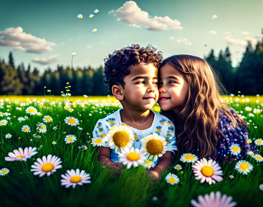 Children sitting in flower field, girl kissing boy on cheek under sunny sky