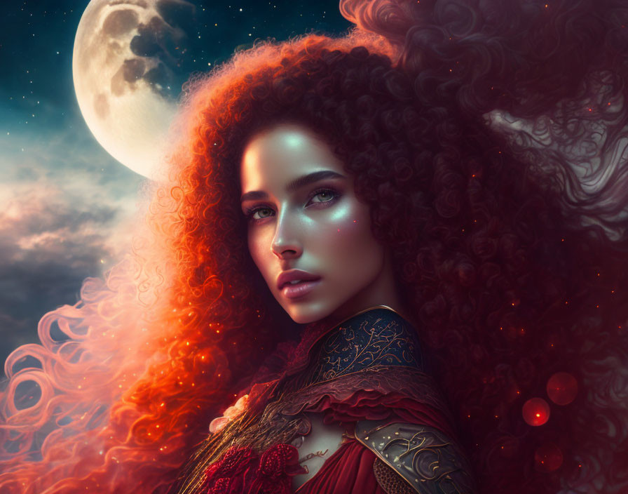 Portrait of woman with curly red hair and green eyes in ornate attire against moonlit sky