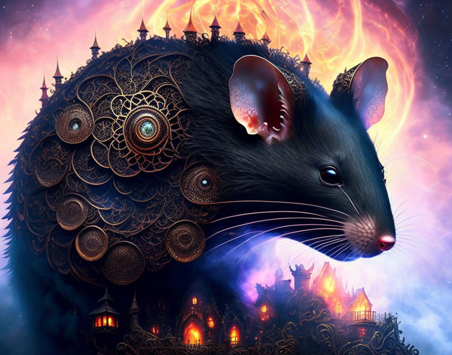 Ornately decorated rat with illuminated eyes in magical nebula village