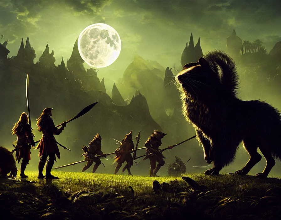 Fantasy scene featuring armed warriors, giant wolf, full moon, and mountain peaks