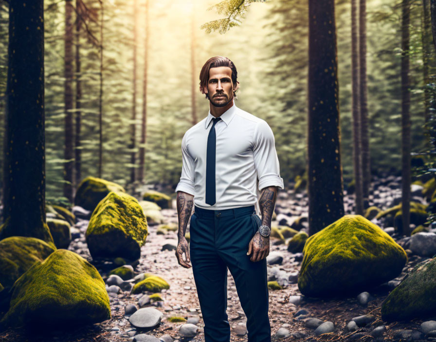 Man in White Shirt and Dress Pants Stands in Sunlit Forest